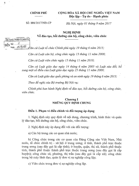 Nghị định 101/2017/NĐ-CP về bồi dưỡng cán bộ