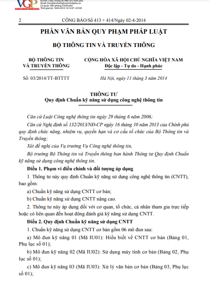 Thông tư 03/2014/TT-BTTTT Quy định về Chuẩn kỹ năng sử dụng công nghệ thông tin