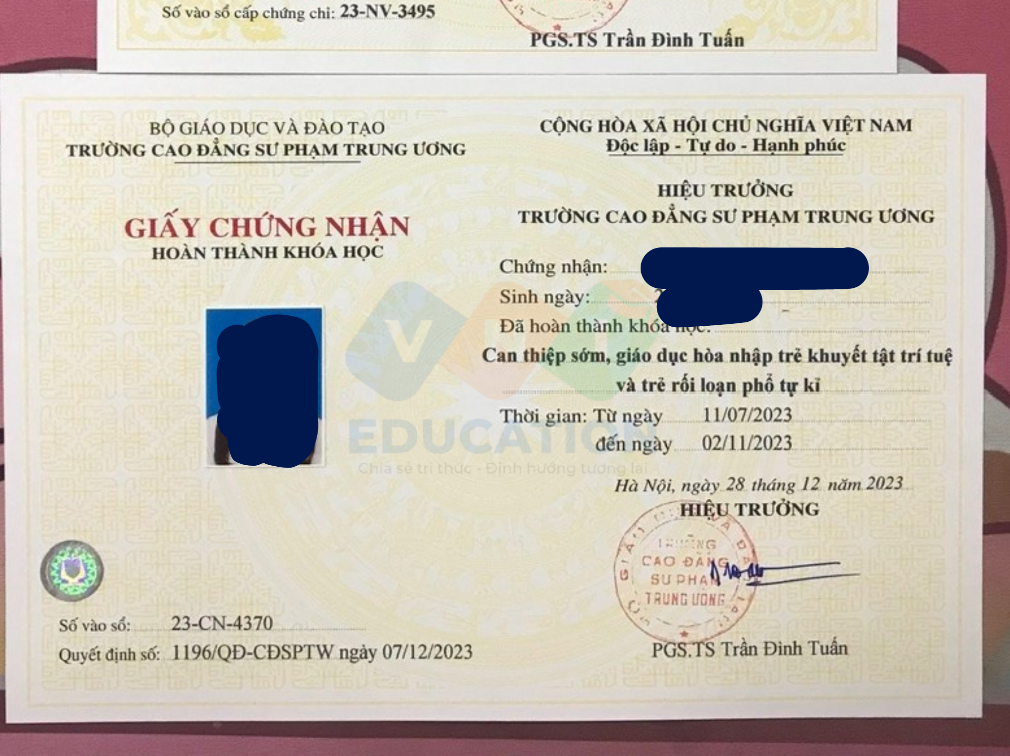 Chứng chỉ  Can thiệp Sớm, Giáo Dục Hoà Nhập
