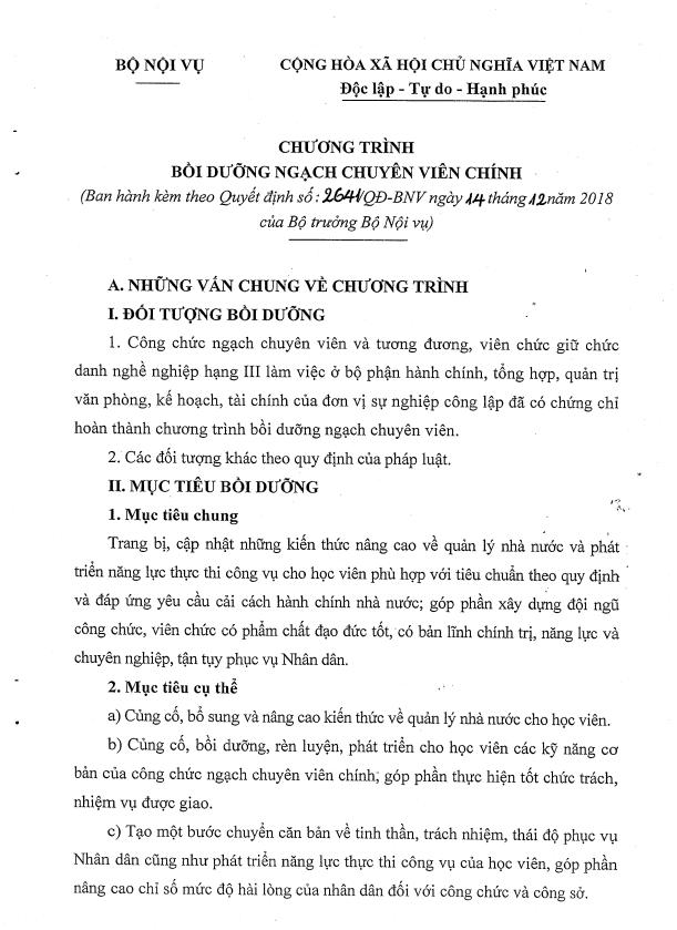 Khóa học Quản lý Nhà nước ngạch Chuyên viên chính theo Quyết định số 2641/QĐ-BNV