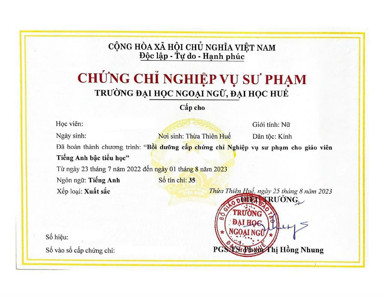Mẫu chứng chỉ nghiệp vụ sư phạm tiếng Trung