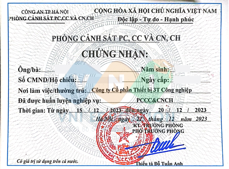 chứng nhận tập huấn nghiệp vụ PCCC