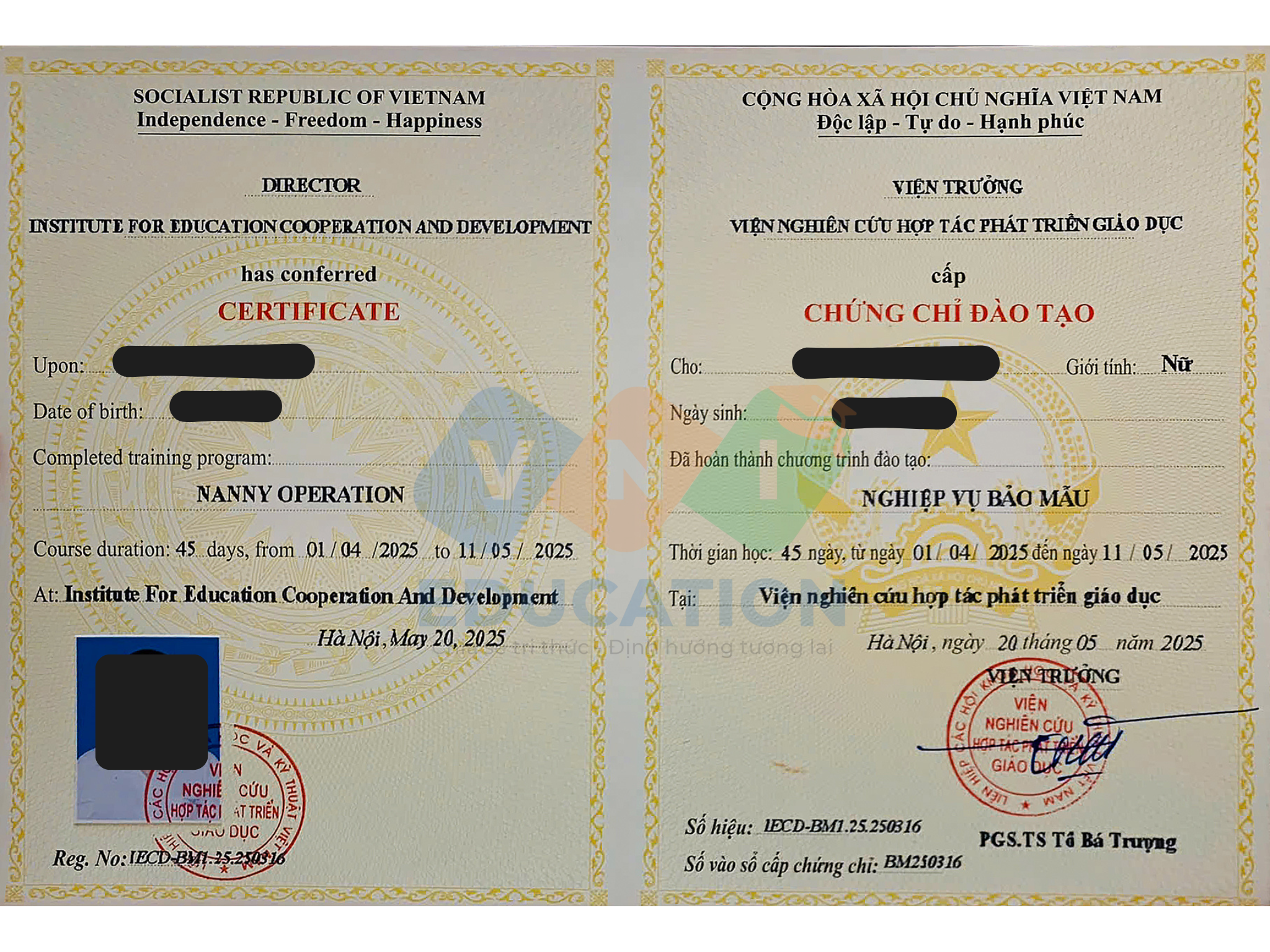 Chứng nhận khóa học Nghiệp vụ Bảo mẫu 2026