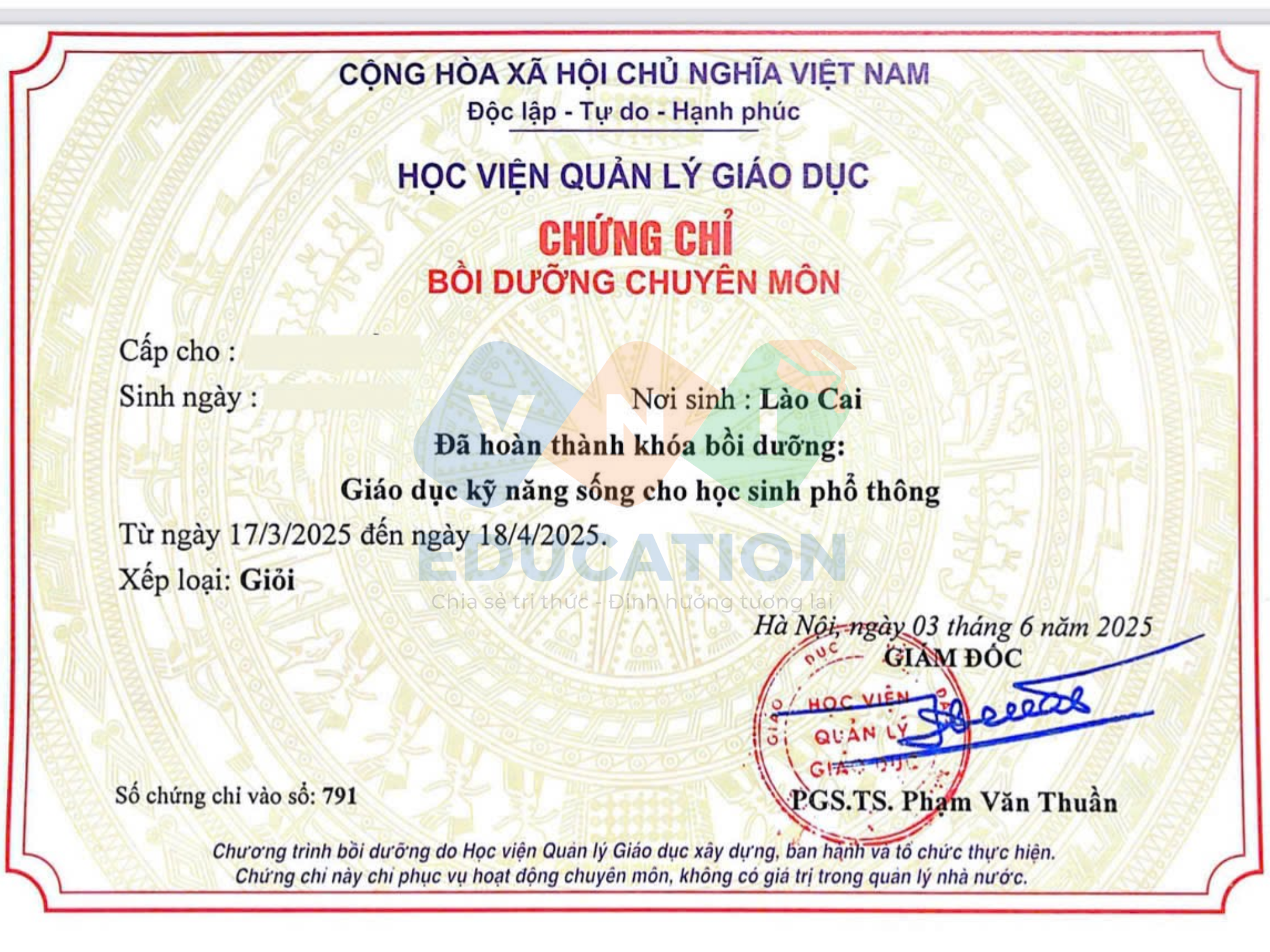 Chứng chỉ Giáo dục kỹ năng sống cho học sinh phổ thông