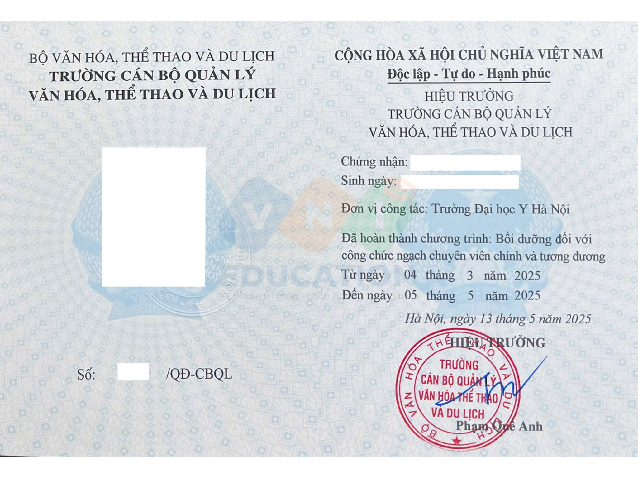 Mẫu chứng chỉ hoàn thành chương trình bồi dưỡng chuyên viên