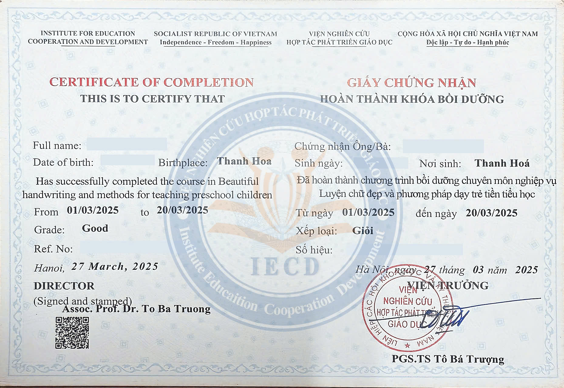 Chứng nhận Luyện chữ đẹp và Phương pháp Tiền tiểu học 2026