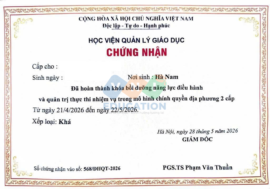Chứng chỉ Bồi dưỡng quản lý giáo dục 2026