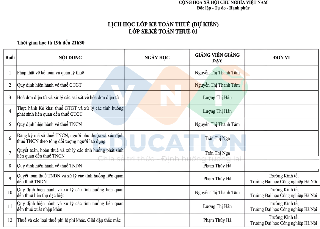 Khóa học kế toán thuế