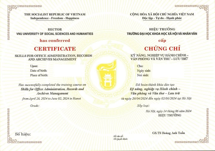 Chứng chỉ Nghiệp vụ Văn thư – Lưu trữ