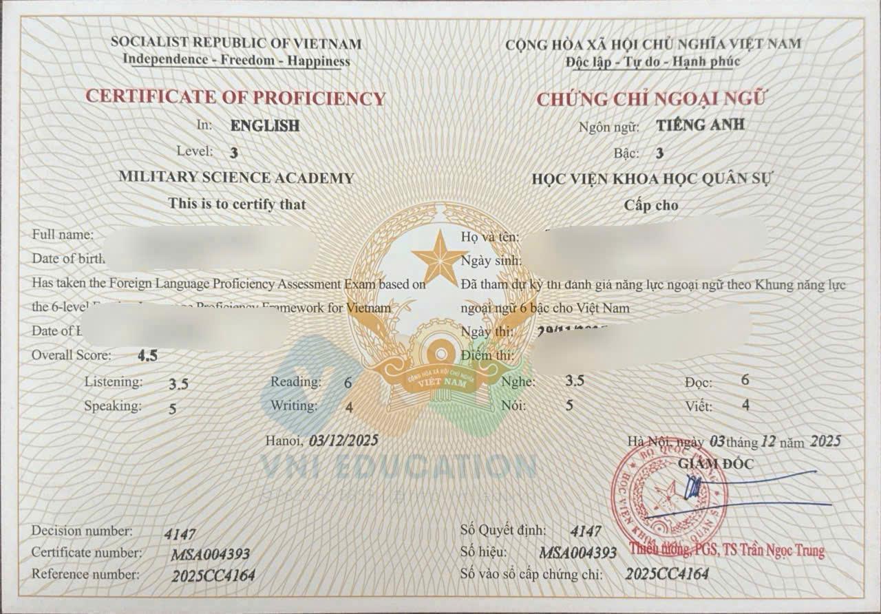 Chứng chỉ VSTEP B1