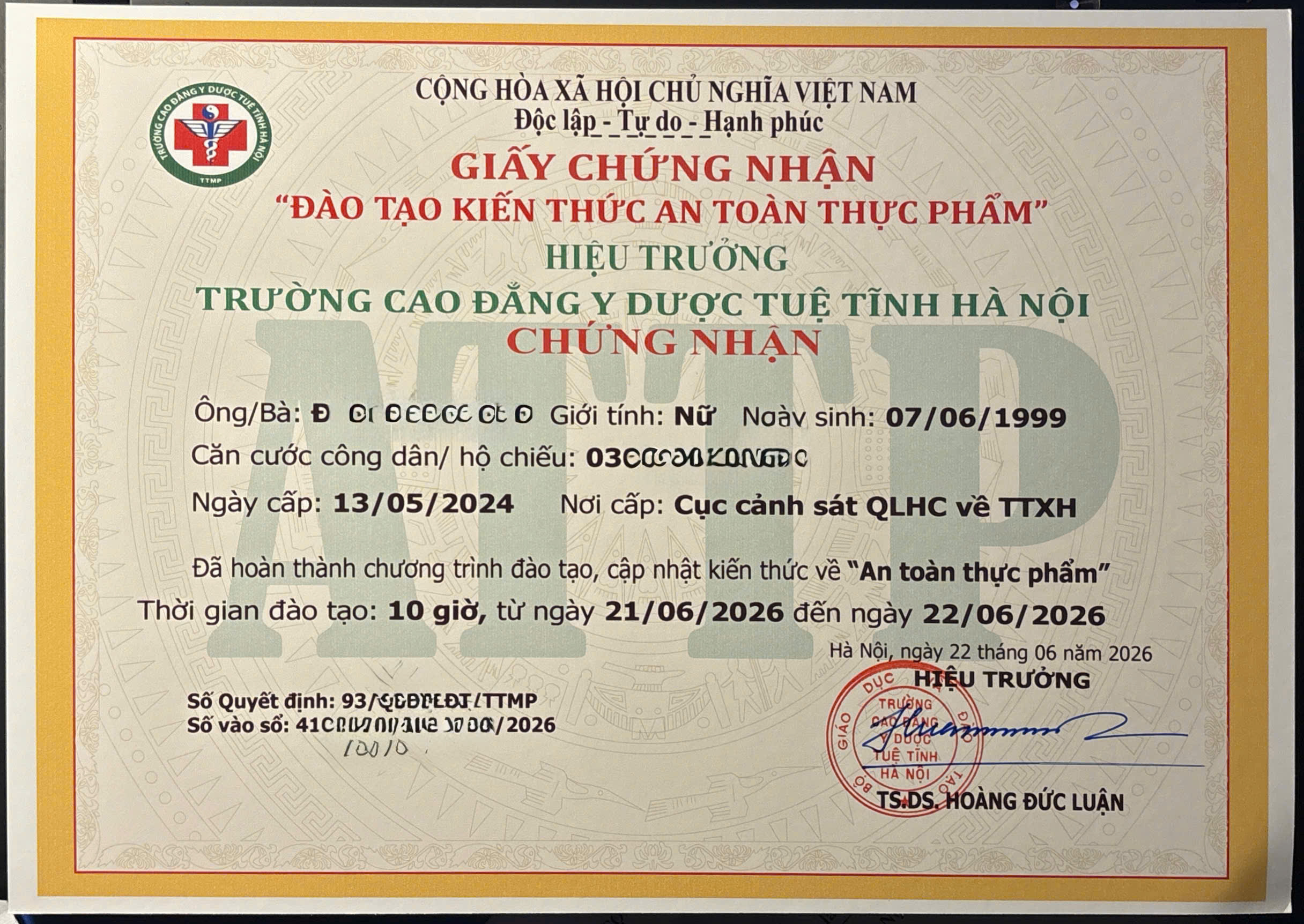 Chứng nhận đào tạo kiến thức an toàn thực phẩm 2026