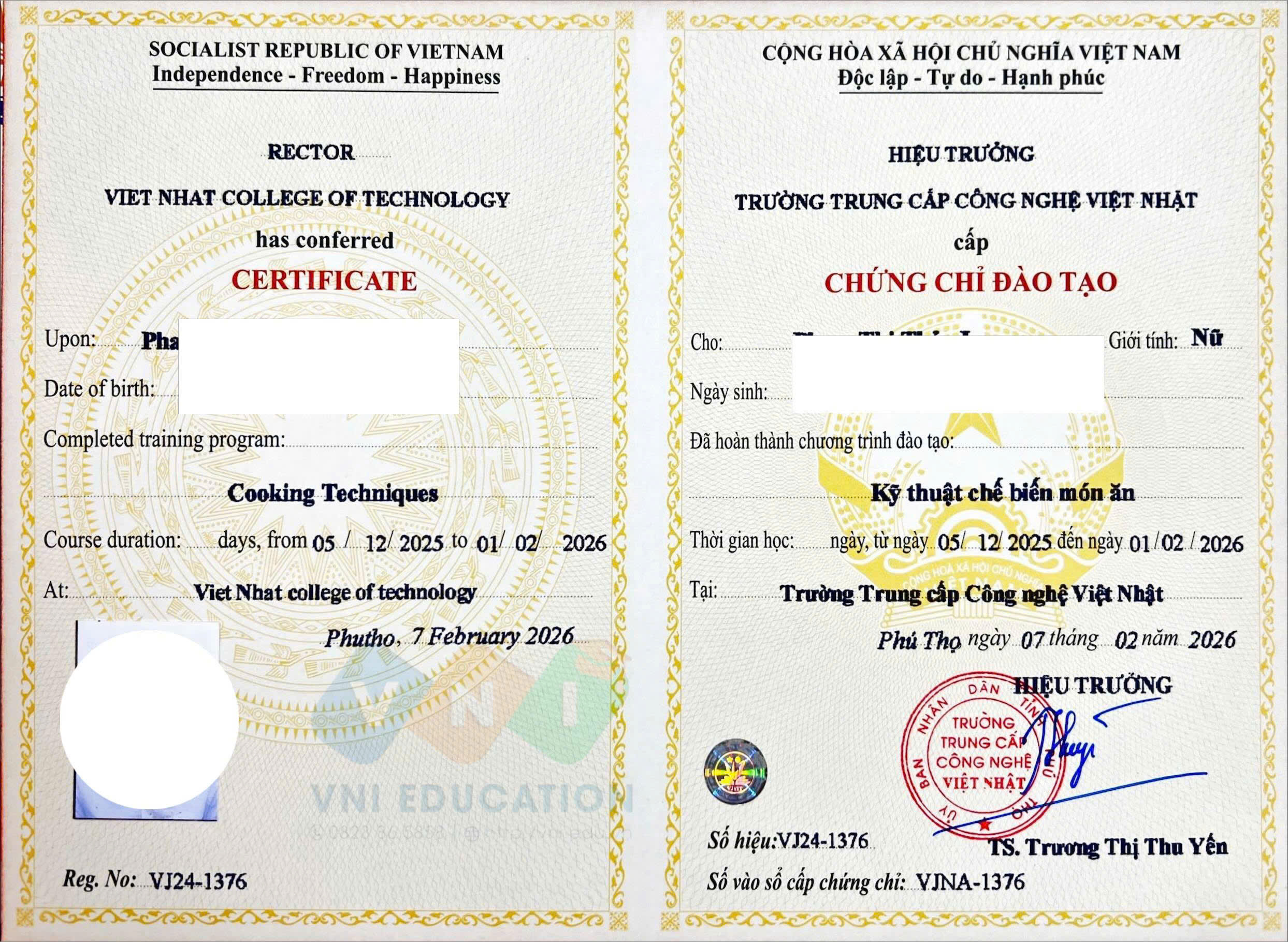 Chứng chỉ Kỹ thuật chế biến món ăn