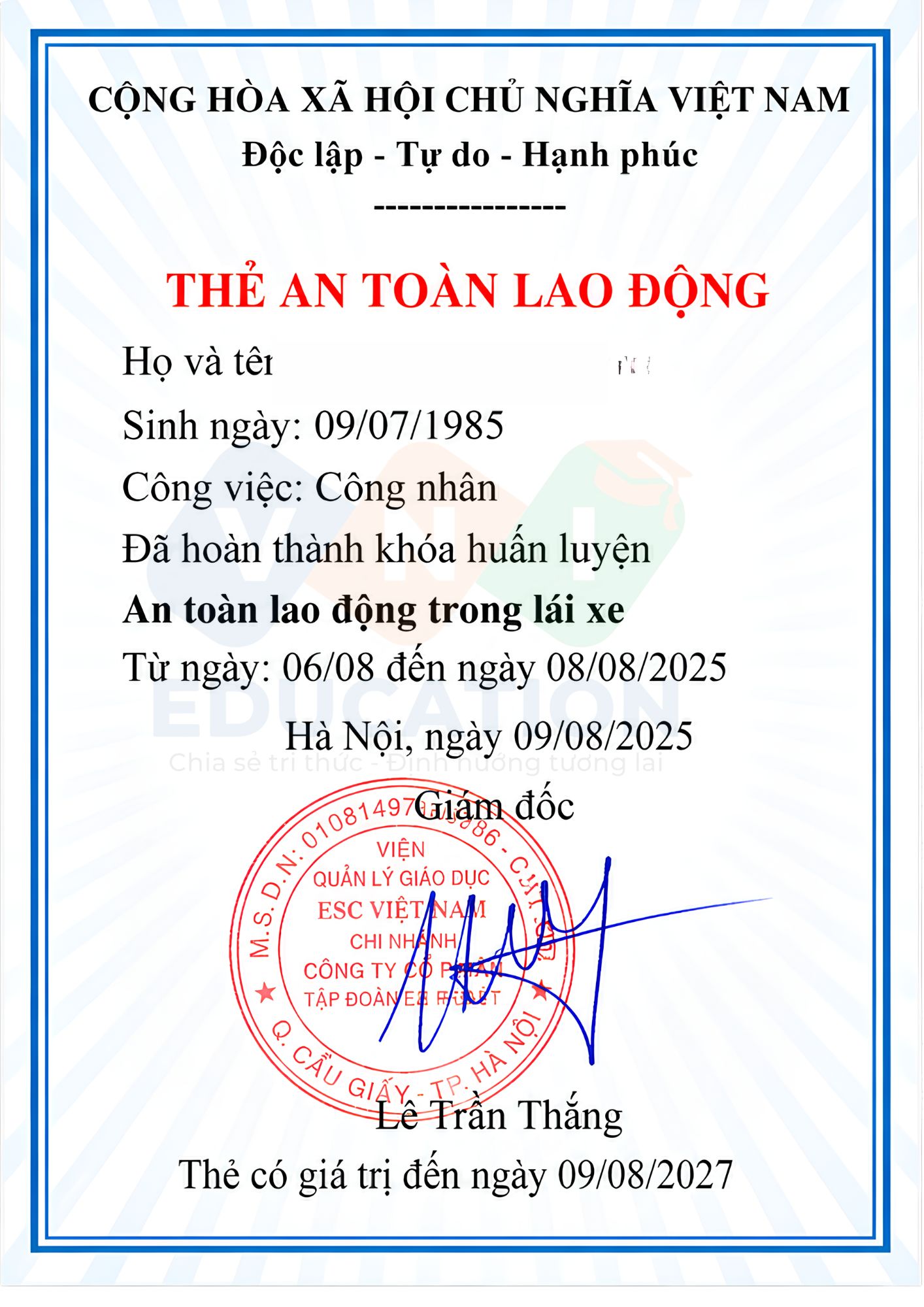 Thẻ An toàn lao động cho người lái xe