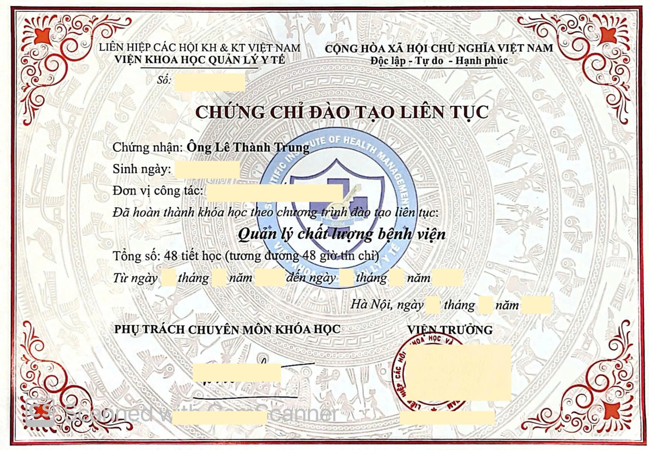 chứng chỉ Quản lý chất lượng bệnh viện