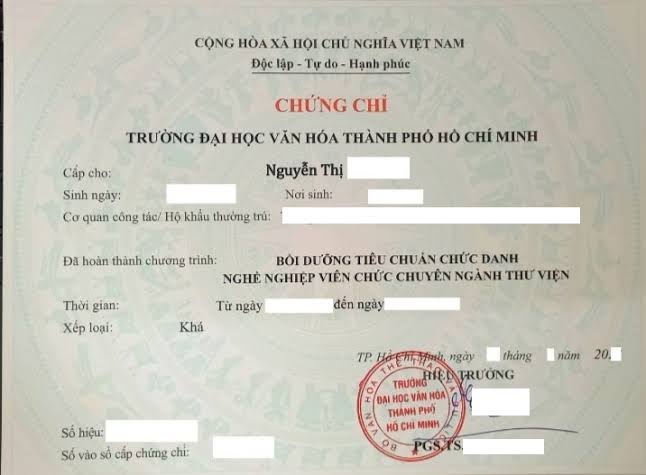 Chứng chỉ Chuẩn Chức Danh Nghề Nghiệp Thư Viện